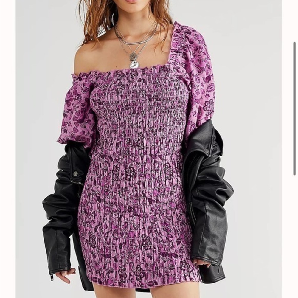 Free People smocked mini dress purple long sleeve puff